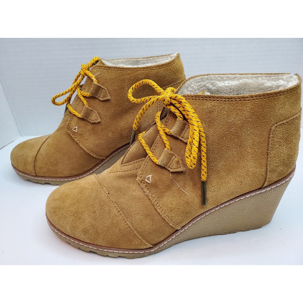 TOMS Womens Size‎ 8.5 W Wedge Boots Brown Suede Leather 3" Heel Lace-Up Clean